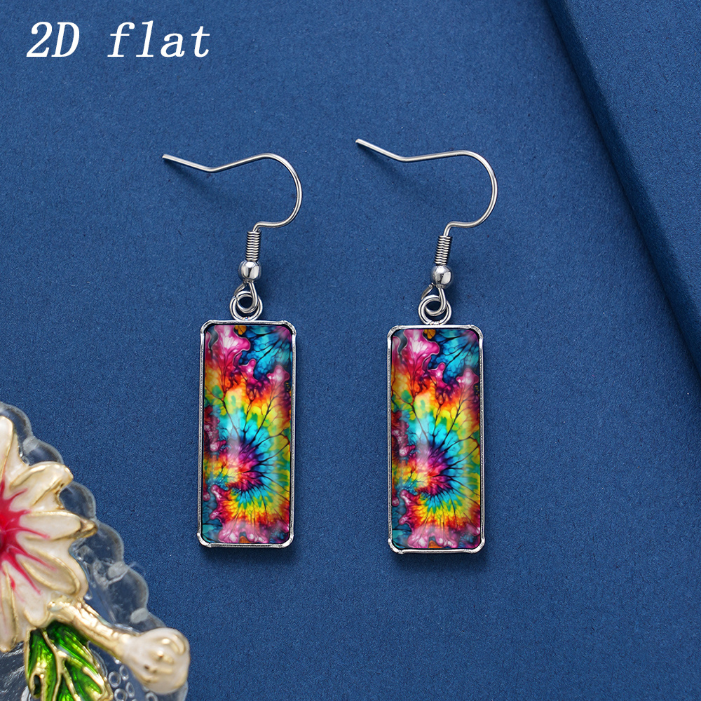 Rainbow Gradient Tie Dye Swirl Pattern Glass Cabochon Earrings